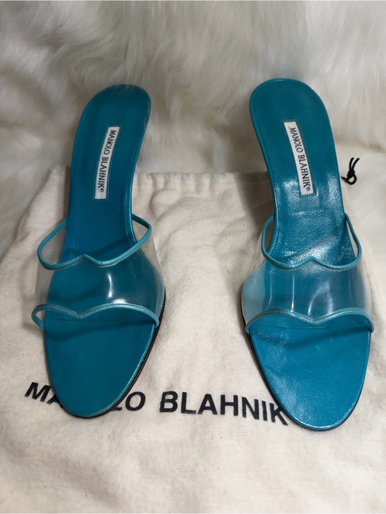 Manolo Blahnik Shoes - Manolo Blahnik Teal Slide Mules with Clear Strap